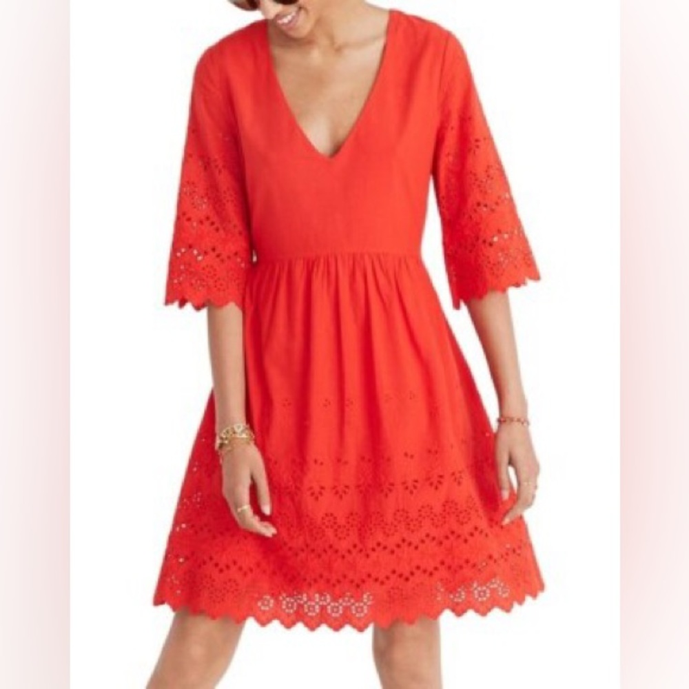 Madewell Red Eyelet Lace V-Neck Scalloped Hem Boho Mini Dress size 2